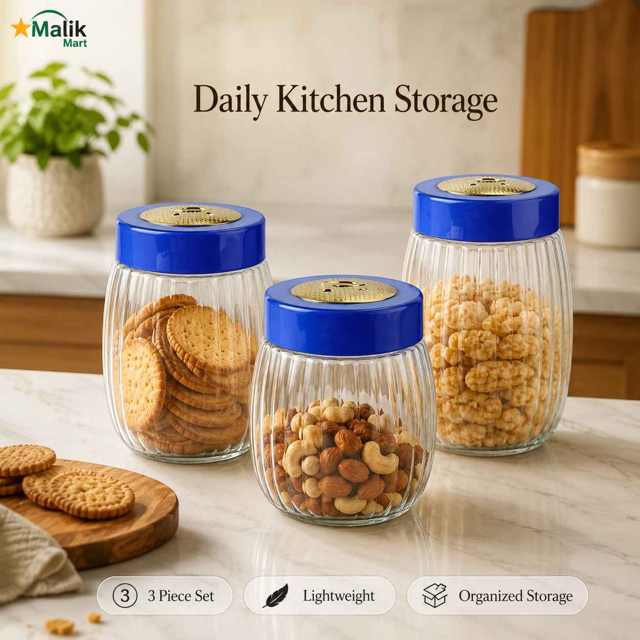 Crown Gold Plastic Storage Jar Set 3 Pcs | Kitchen Pantry & Dry Food Jars