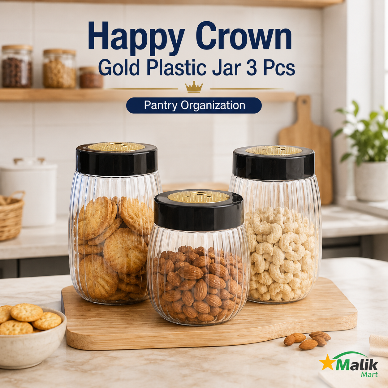 Crown Gold Plastic Storage Jar Set 3 Pcs | Kitchen Pantry & Dry Food Jars