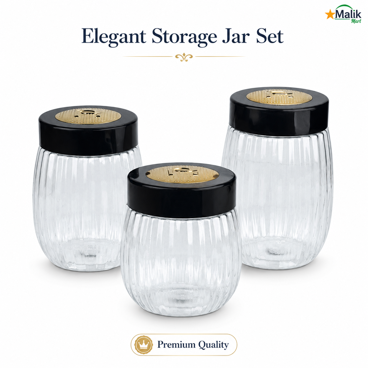 Crown Gold Plastic Storage Jar Set 3 Pcs | Kitchen Pantry & Dry Food Jars
