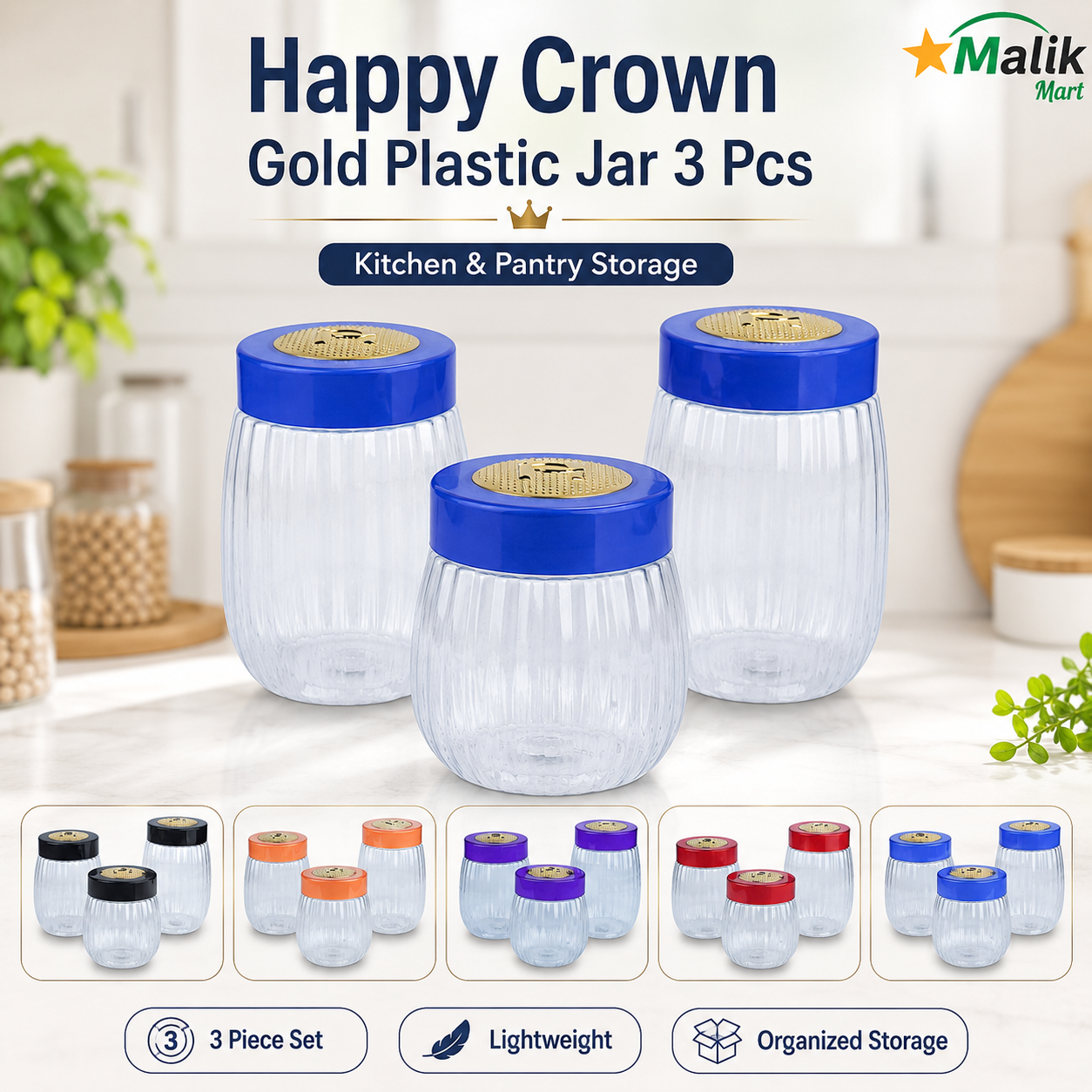 Crown Gold Plastic Storage Jar Set 3 Pcs | Kitchen Pantry & Dry Food Jars