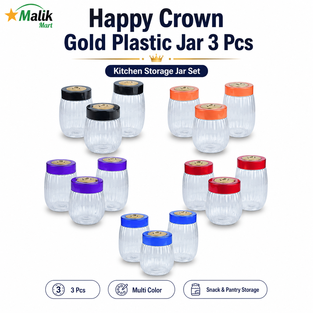 Crown Gold Plastic Storage Jar Set 3 Pcs | Kitchen Pantry & Dry Food Jars
