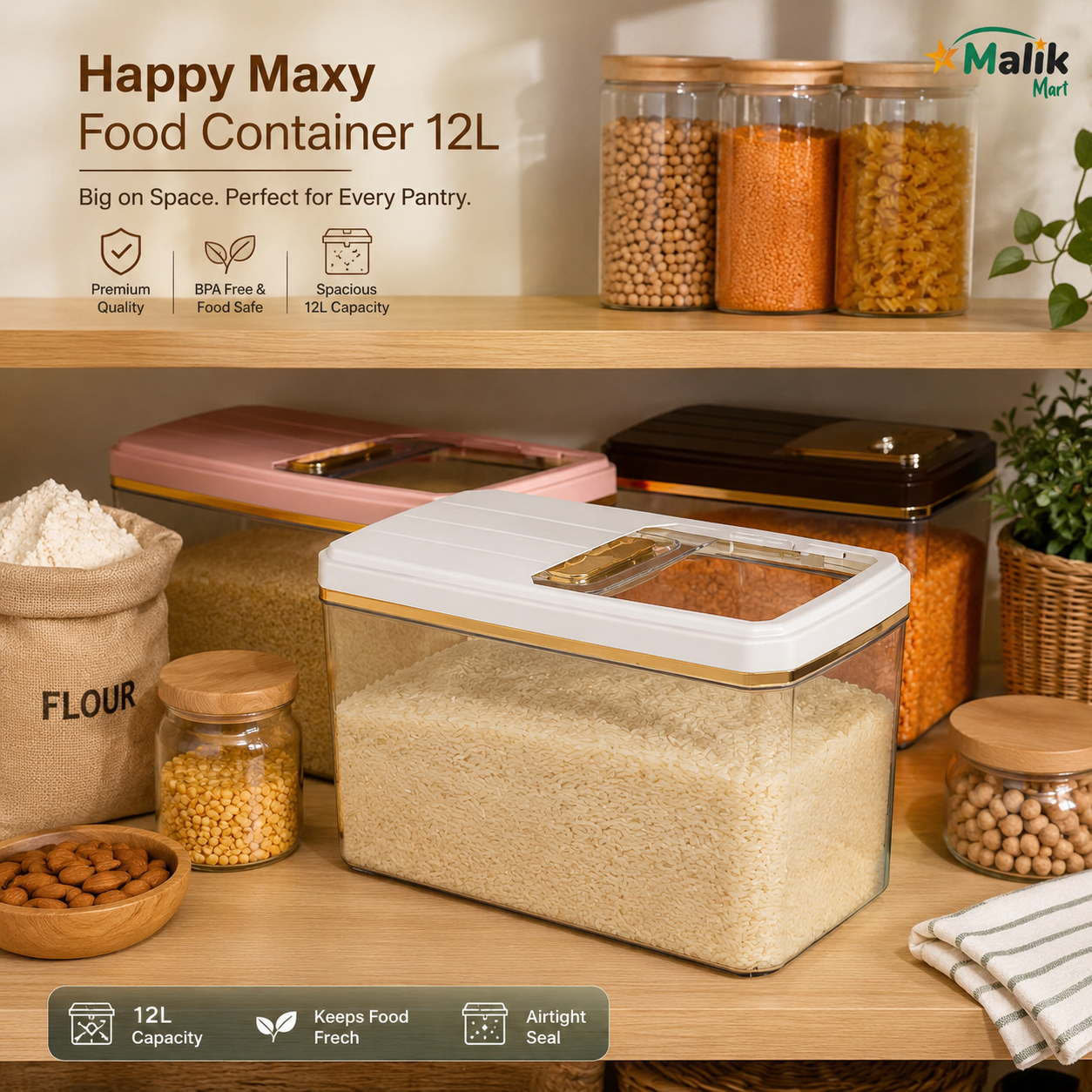 Maxy Plastic Food Storage Container 12L | Large Kitchen Pantry Box with Lid