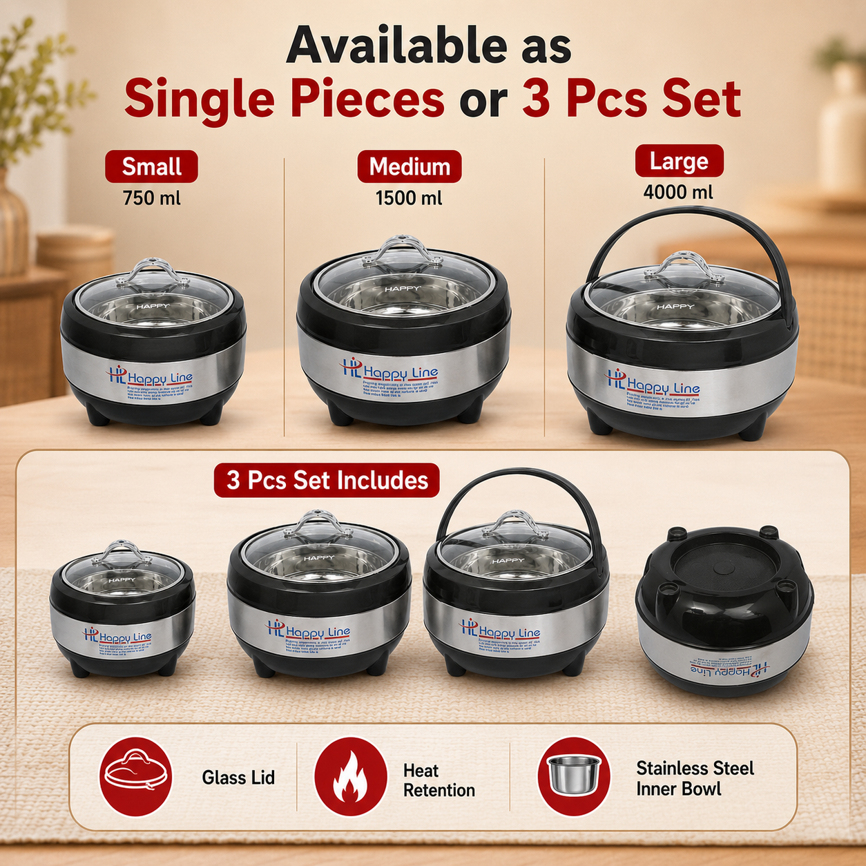 Line Glass Top Insulated Hotpot Set | Food Warmer Serving Casserole Set