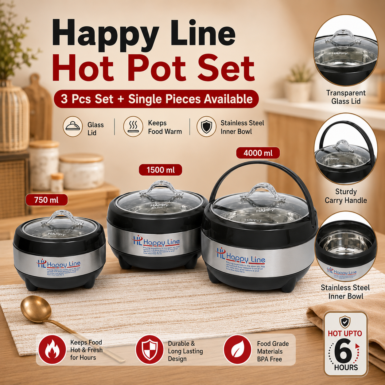 Line Glass Top Insulated Hotpot Set | Food Warmer Serving Casserole Set