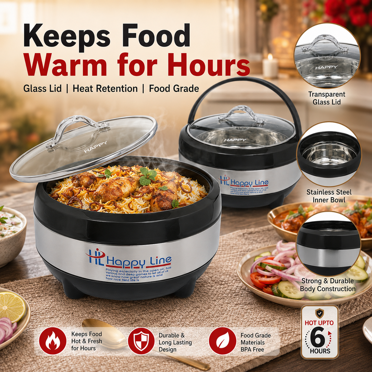 Line Glass Top Insulated Hotpot Set | Food Warmer Serving Casserole Set