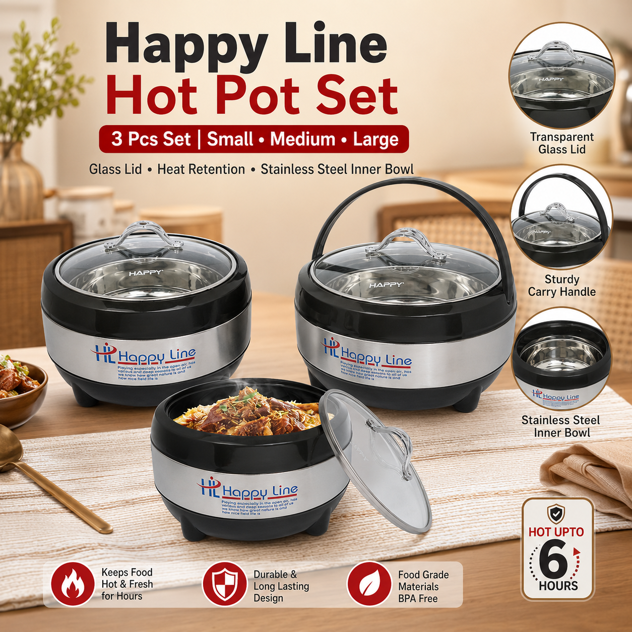 Line Glass Top Insulated Hotpot Set | Food Warmer Serving Casserole Set