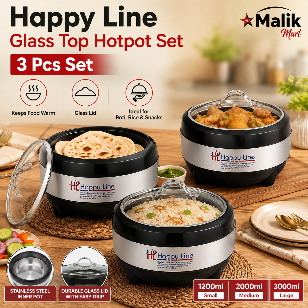 Line Glass Top Insulated Hotpot Set | Food Warmer Serving Casserole Set