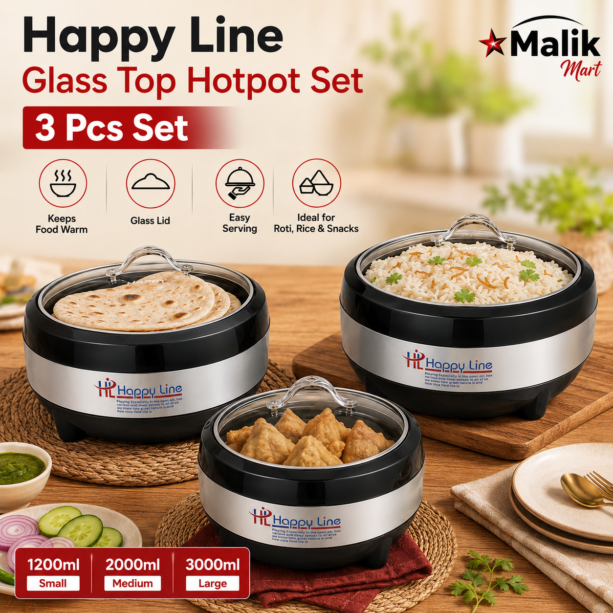 Line Glass Top Insulated Hotpot Set | Food Warmer Serving Casserole Set