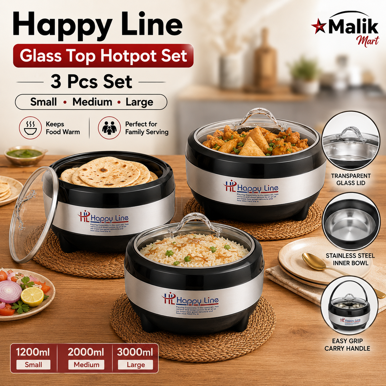 Line Glass Top Insulated Hotpot Set | Food Warmer Serving Casserole Set