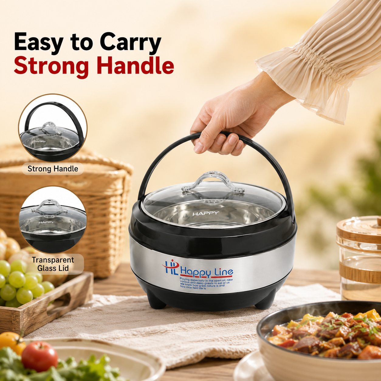 Line Glass Top Insulated Hotpot Set | Food Warmer Serving Casserole Set