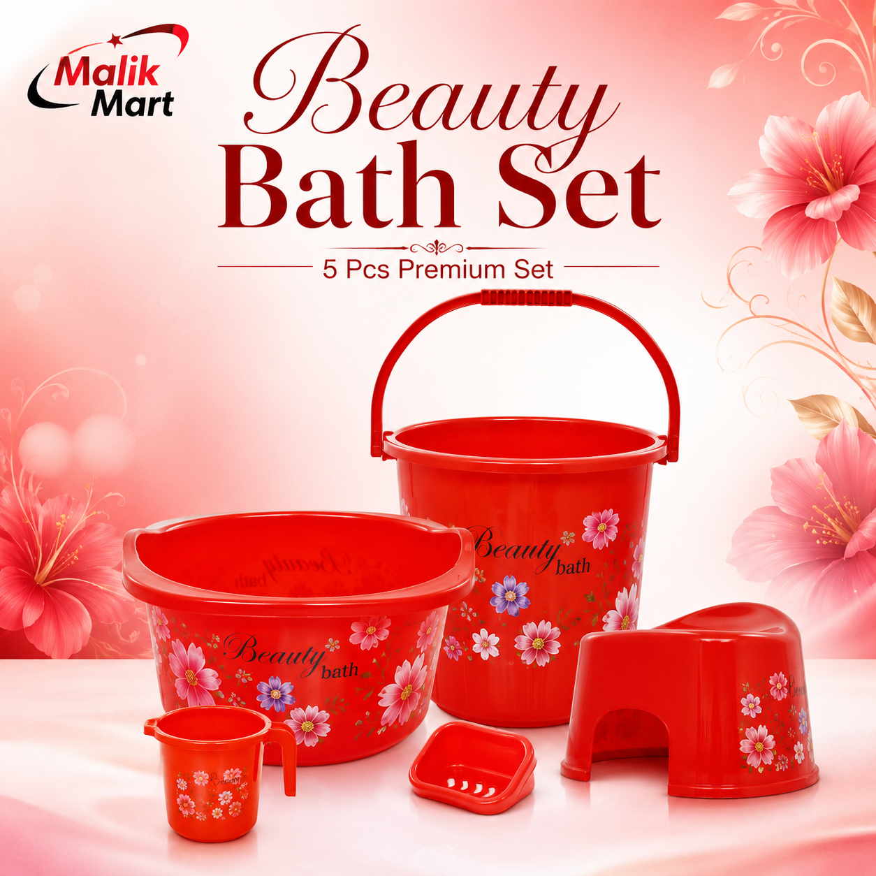 Beauty Plastic Bath Set Red | Complete Bathroom Accessories Set