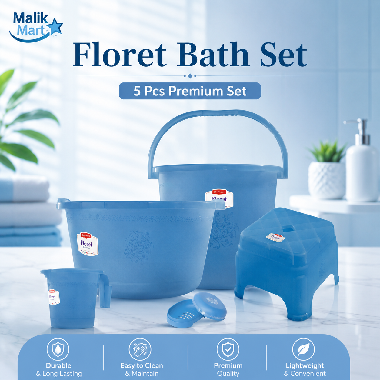Floret Plastic Bath Set Blue | Stylish Bathroom Accessories Set