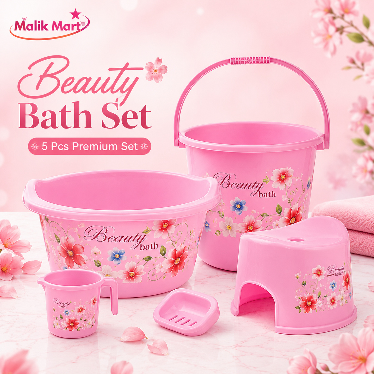 Beauty Plastic Bath Set Pink | Complete Bathroom Accessories Set