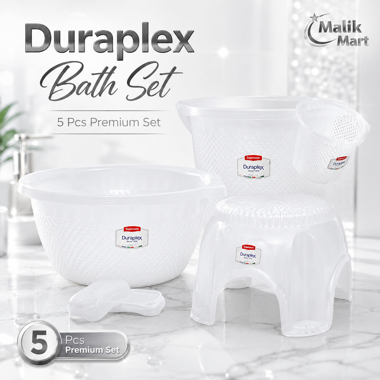Floret Plastic Bath Set White | Stylish Bathroom Accessories Set