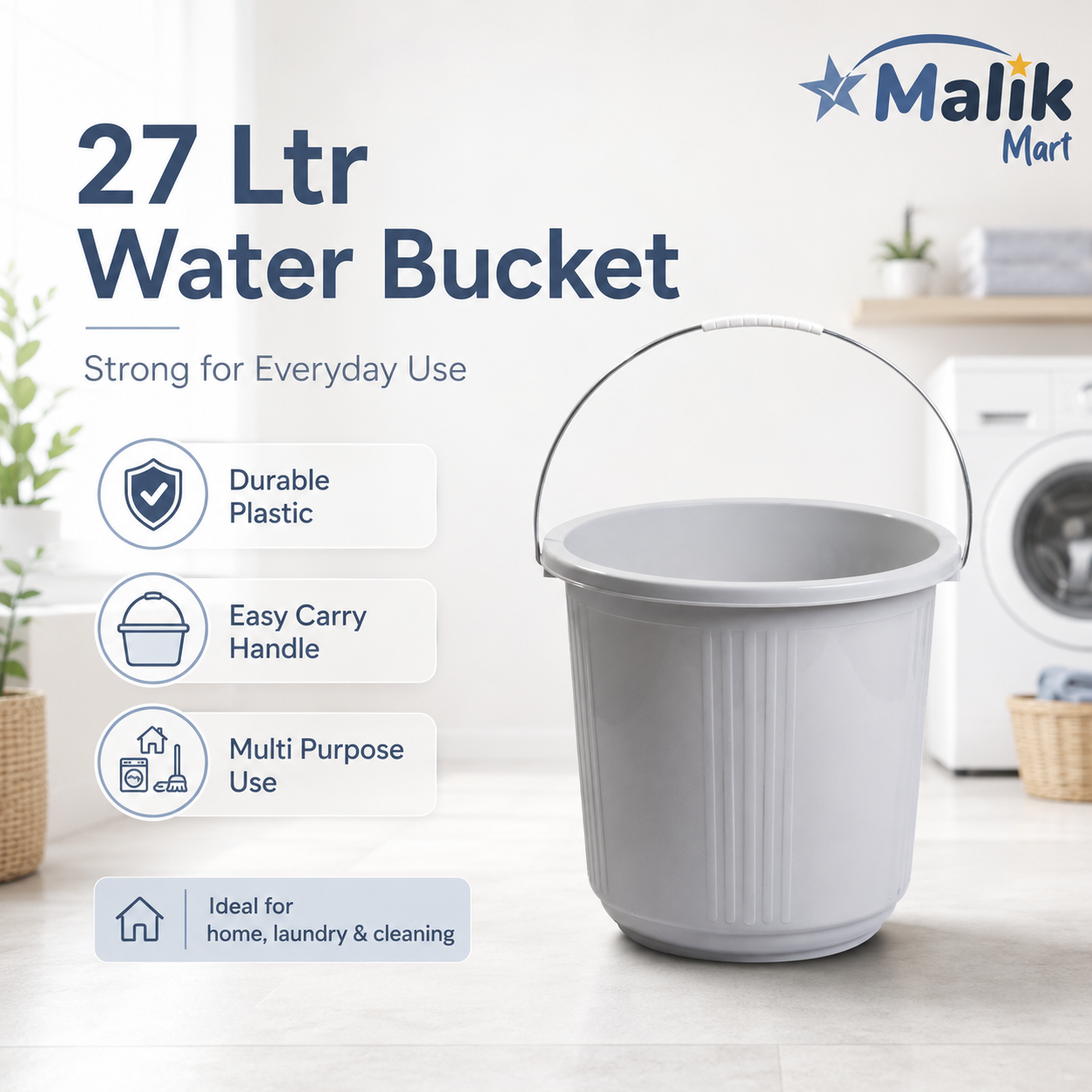 Durable Plastic Water Bucket 27L Grey | Multipurpose Household Bucket