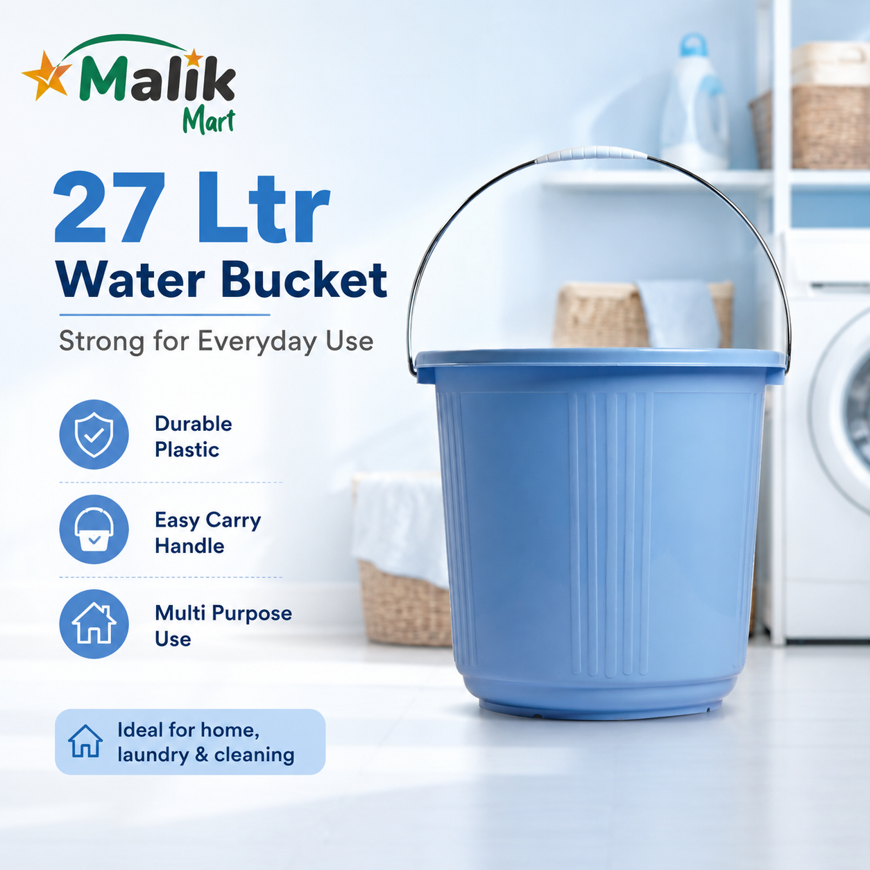 Durable Plastic Water Bucket 27L Blue | Multipurpose Household Bucket