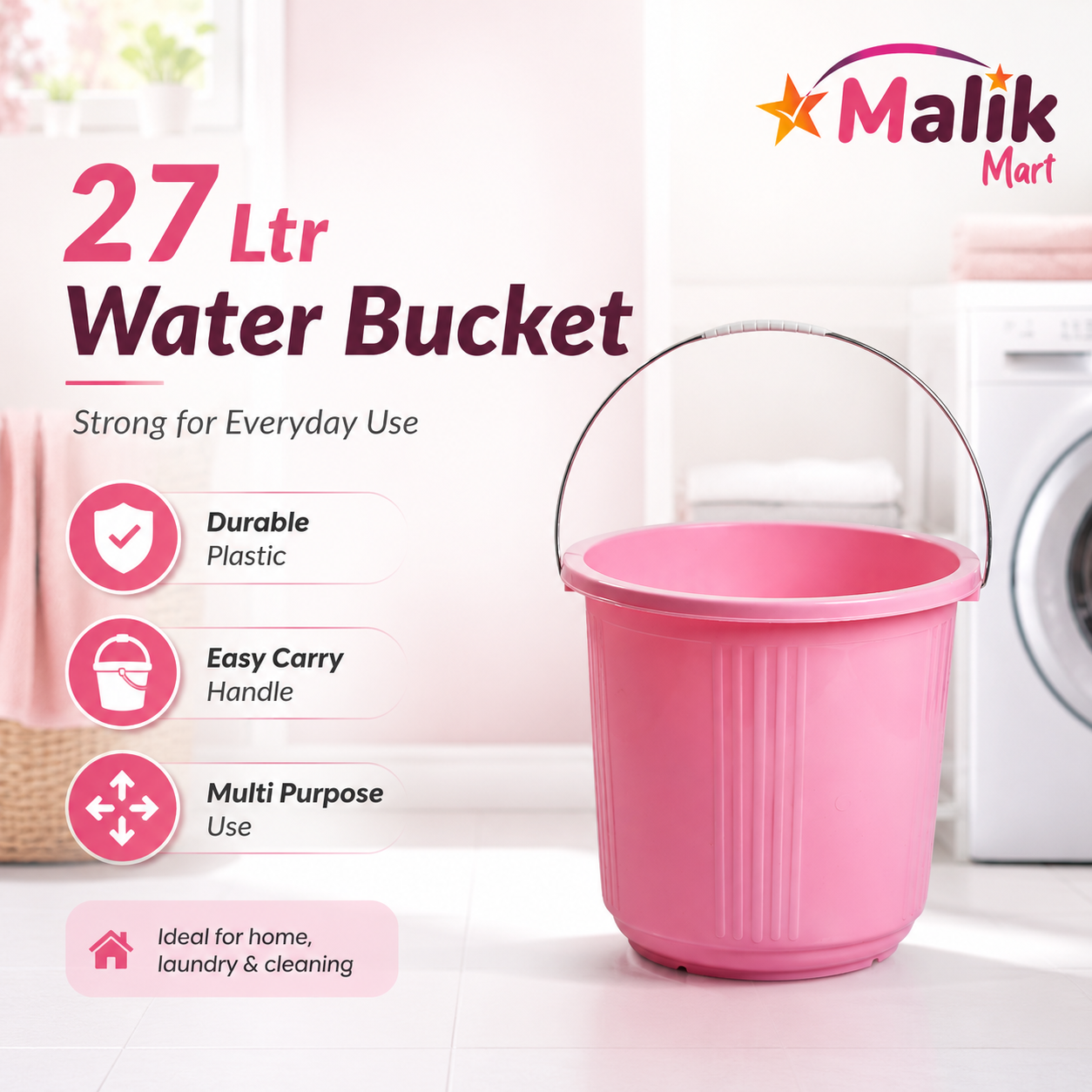 Durable Plastic Water Bucket 27L Pink | Multipurpose Household Bucket