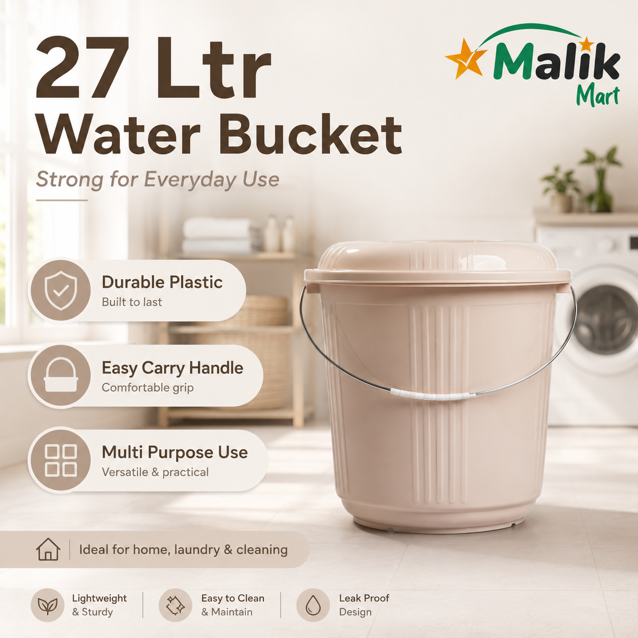 Durable Plastic Water Bucket 27L Beige | Multipurpose Household Bucket