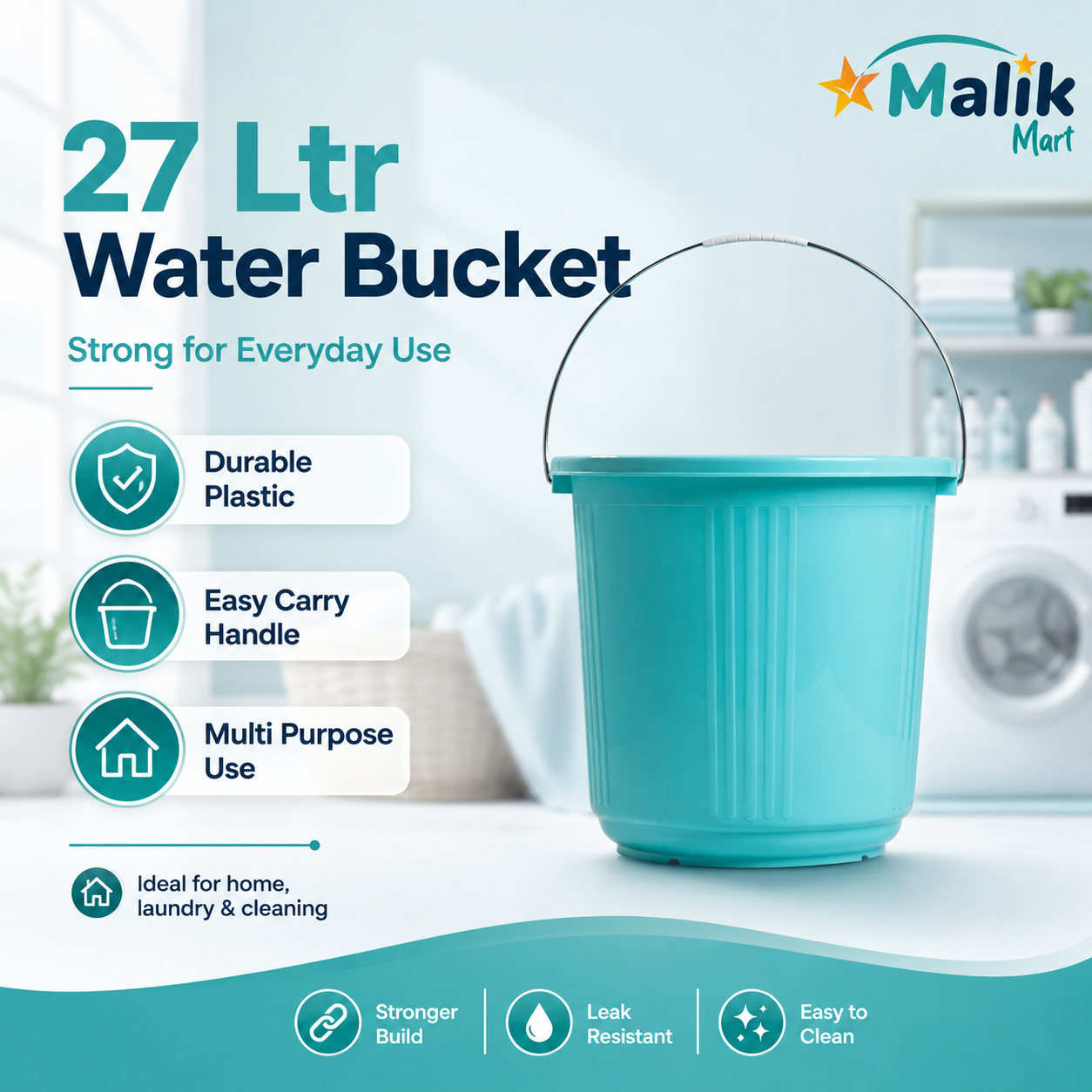 Durable Plastic Water Bucket 27L Green | Multipurpose Household Bucket
