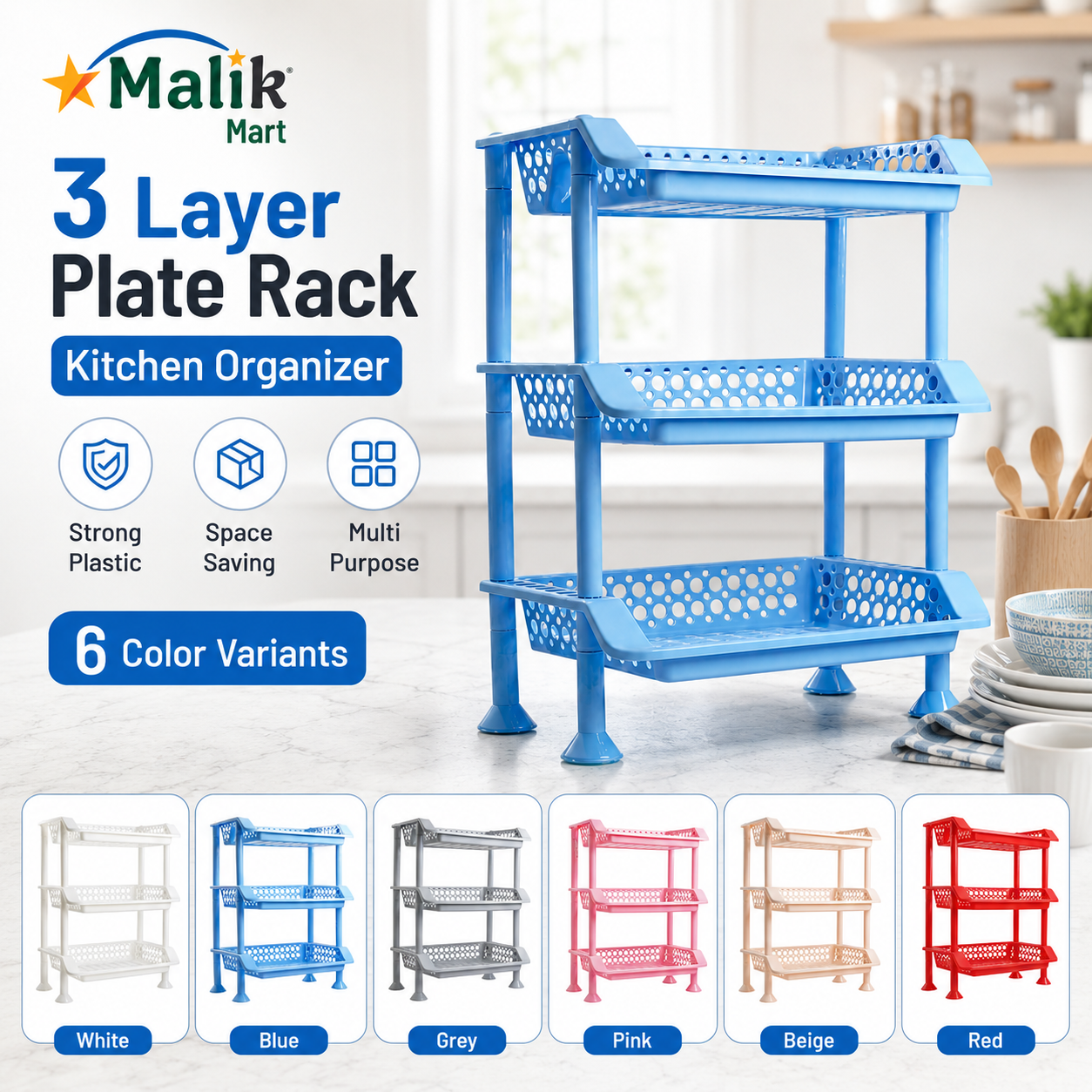 Plastic Dish Rack 3 Tier | Kitchen Plate & Utensil Organizer