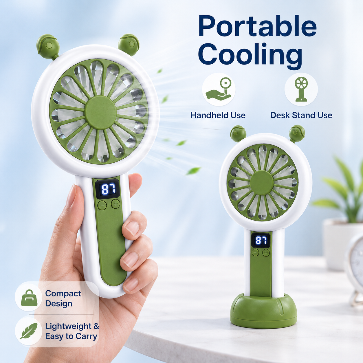 Mini Portable Rechargeable Fan with LED Display - Green
