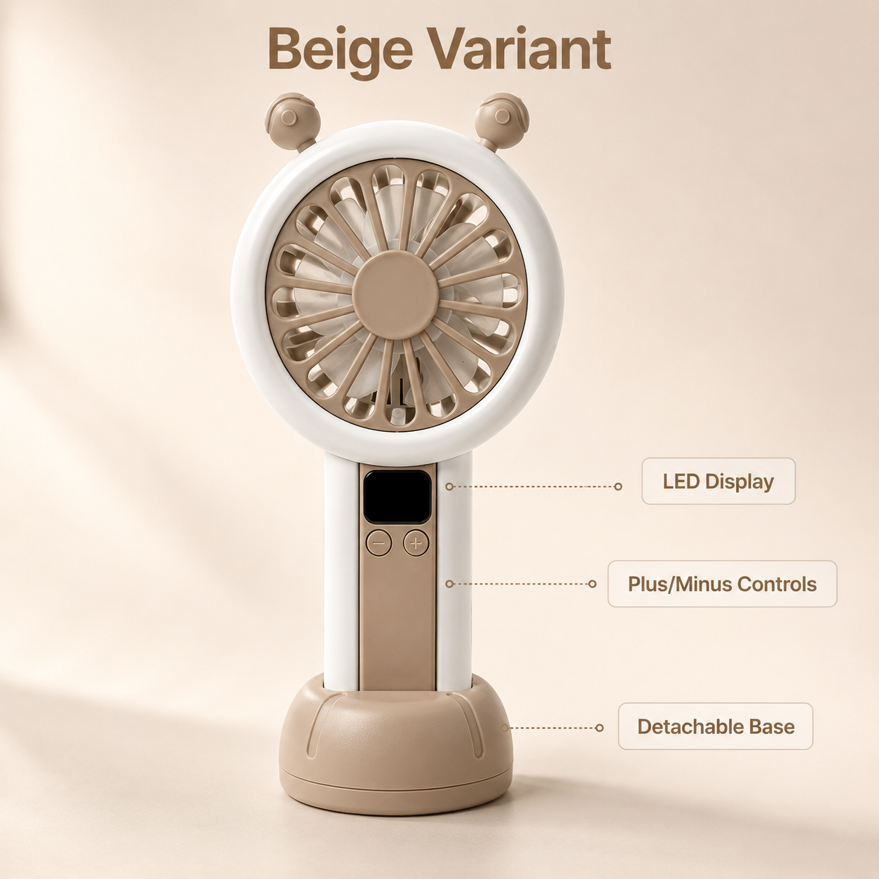 Mini Portable Rechargeable Fan with LED Display - Beige