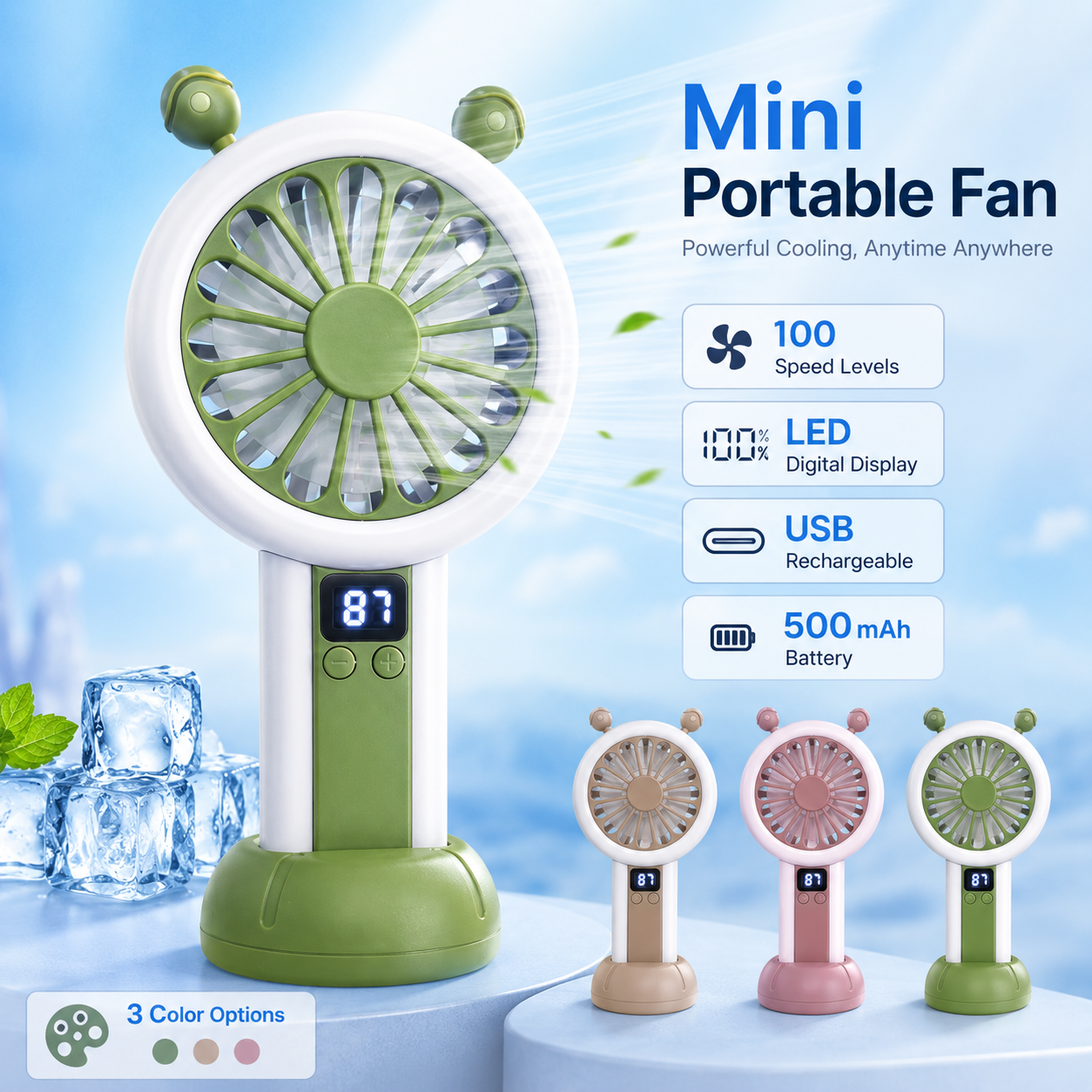 Mini Portable Rechargeable Fan with LED Display - 3 Color Options