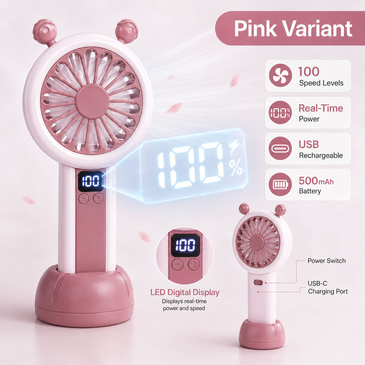 Mini Portable Rechargeable Fan with LED Display - Pink