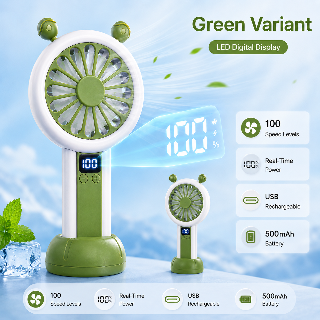 Mini Portable Rechargeable Fan with LED Display - Green