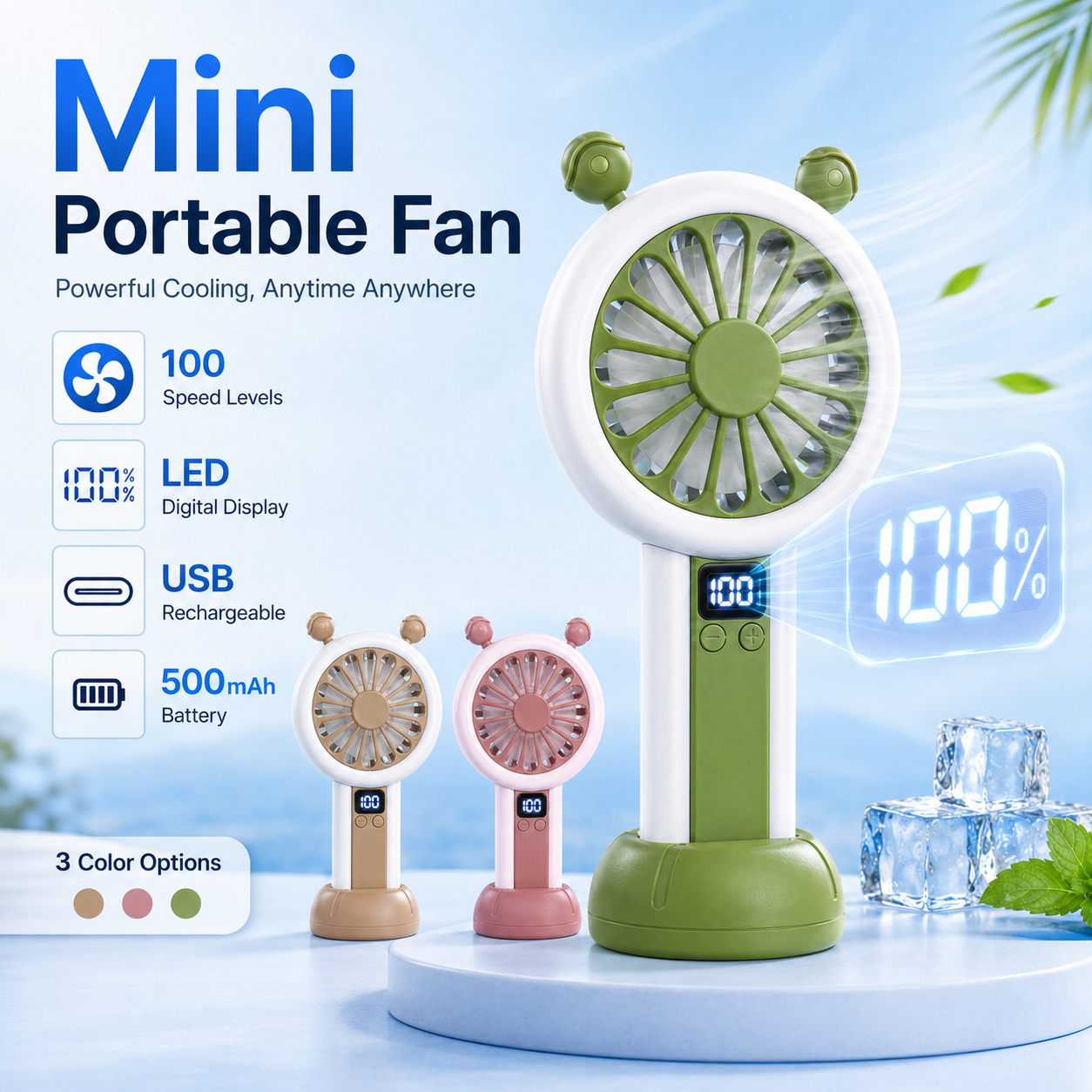Mini Portable Rechargeable Fan with LED Display - 3 Color Options