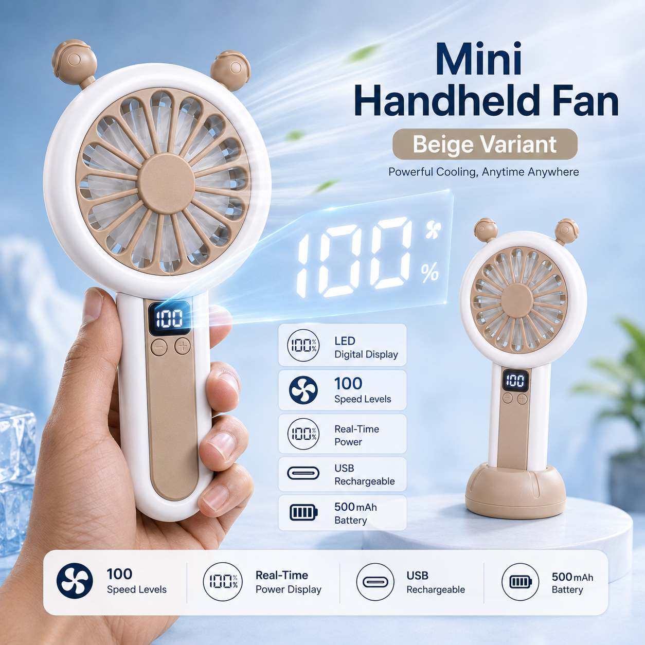 Mini Portable Rechargeable Fan with LED Display - Beige