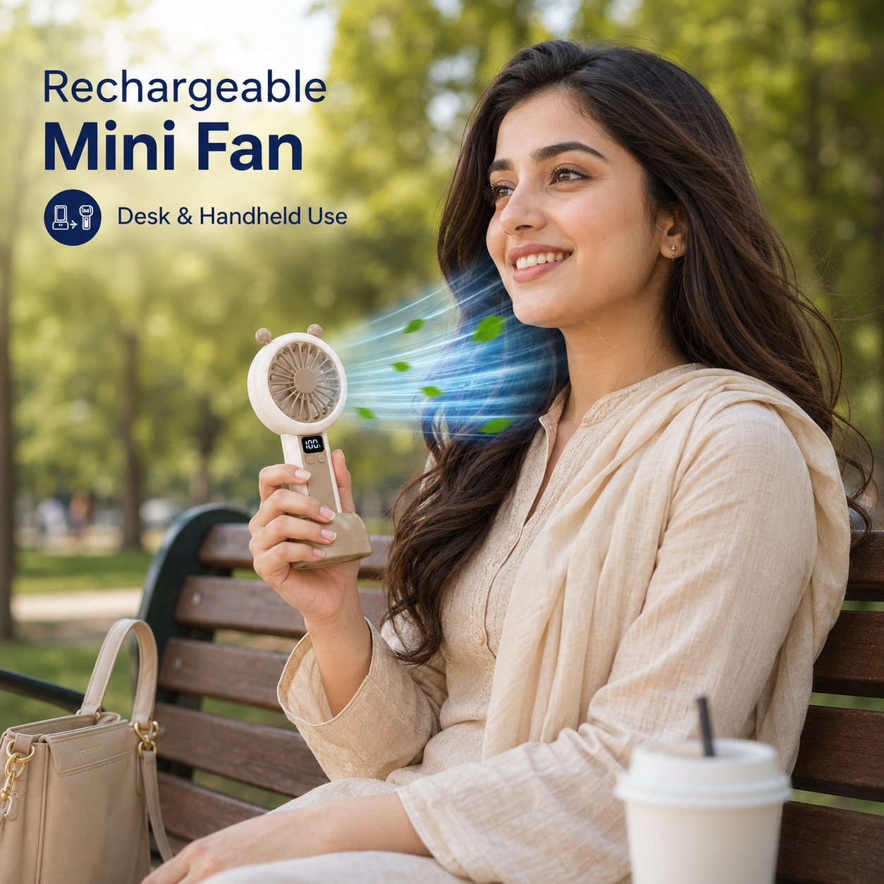 Mini Portable Rechargeable Fan with LED Display - Beige
