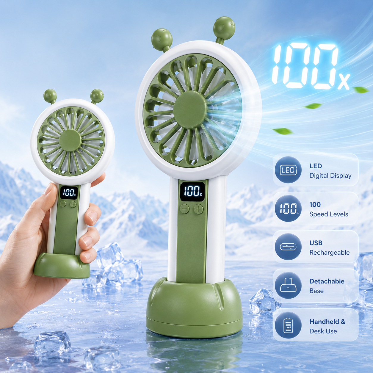 Mini Portable Rechargeable Fan with LED Display - Green