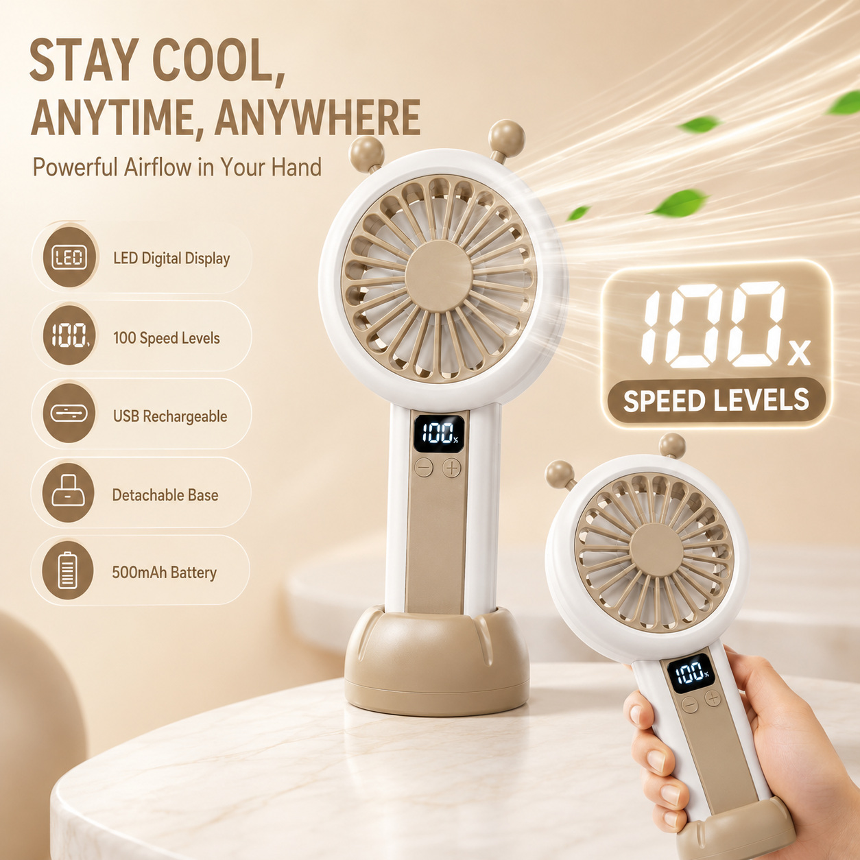 Mini Portable Rechargeable Fan with LED Display - Beige