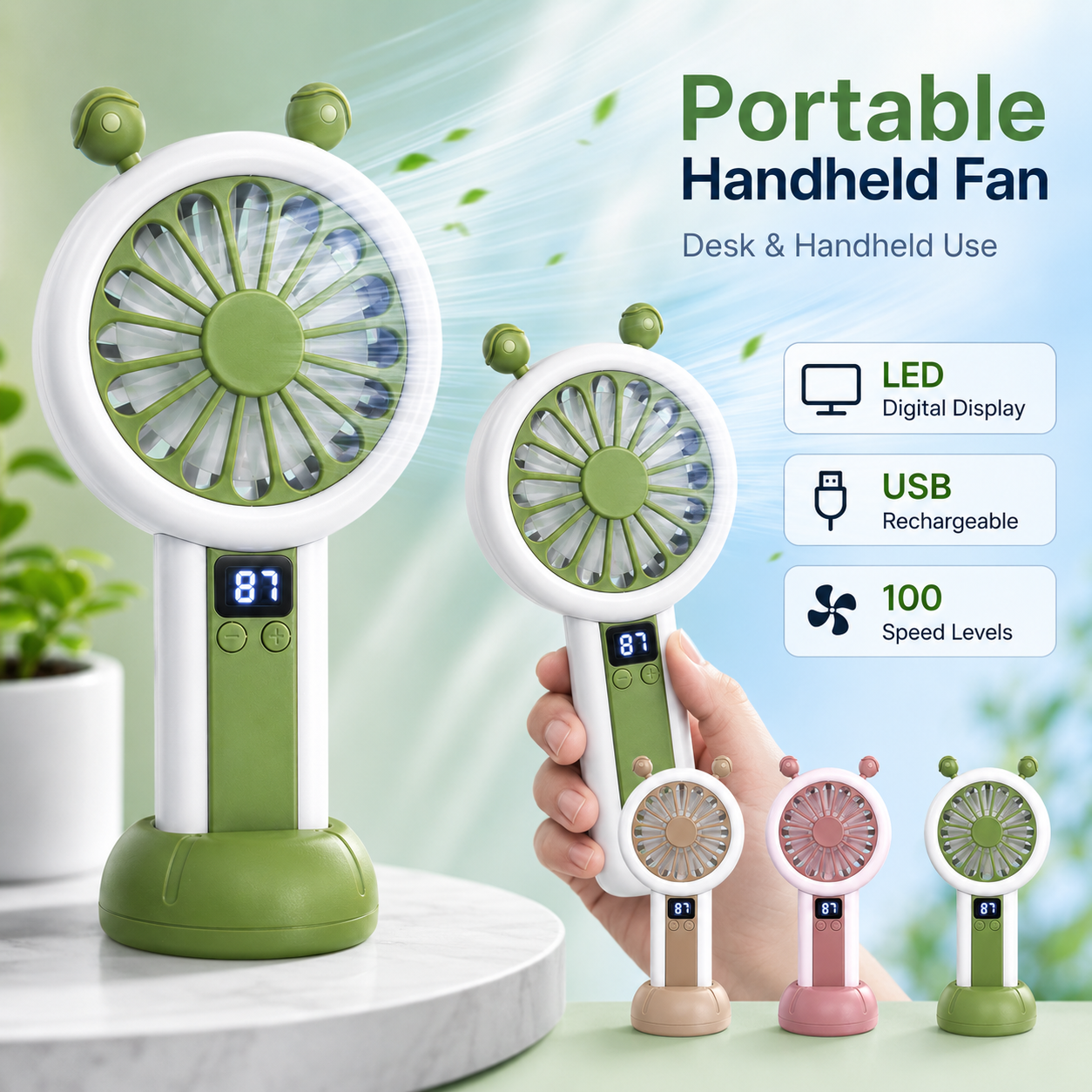 Mini Portable Rechargeable Fan with LED Display - 3 Color Options