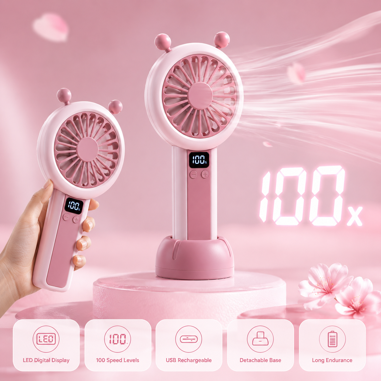 Mini Portable Rechargeable Fan with LED Display - Pink