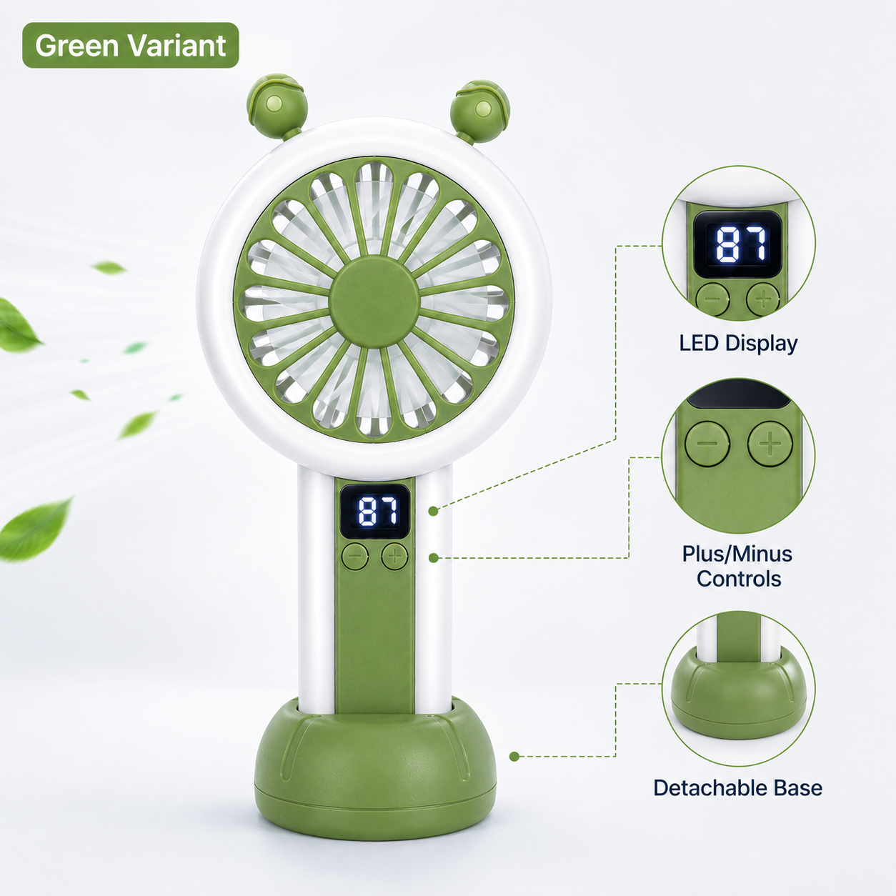 Mini Portable Rechargeable Fan with LED Display - Green