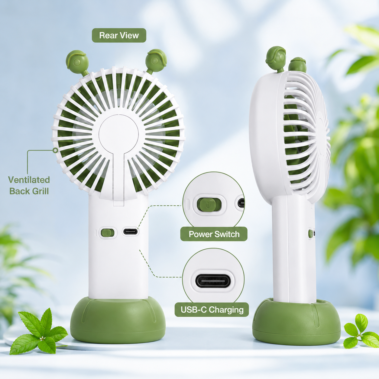 Mini Portable Rechargeable Fan with LED Display - Green