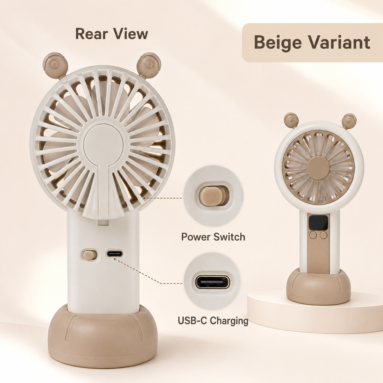 Mini Portable Rechargeable Fan with LED Display - Beige