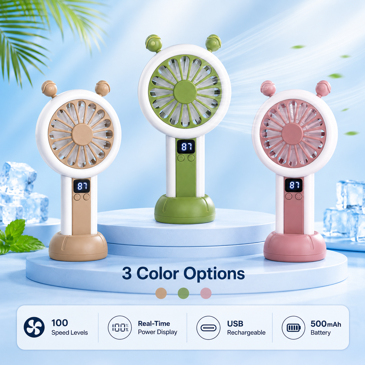 Mini Portable Rechargeable Fan with LED Display - 3 Color Options