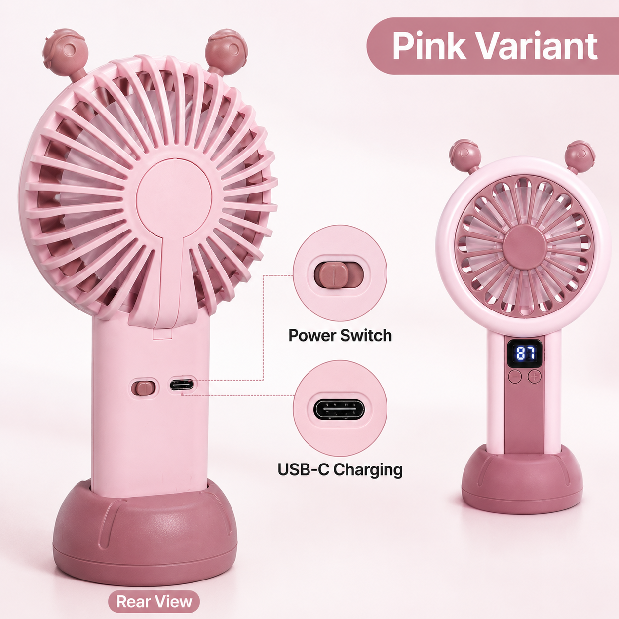 Mini Portable Rechargeable Fan with LED Display - Pink