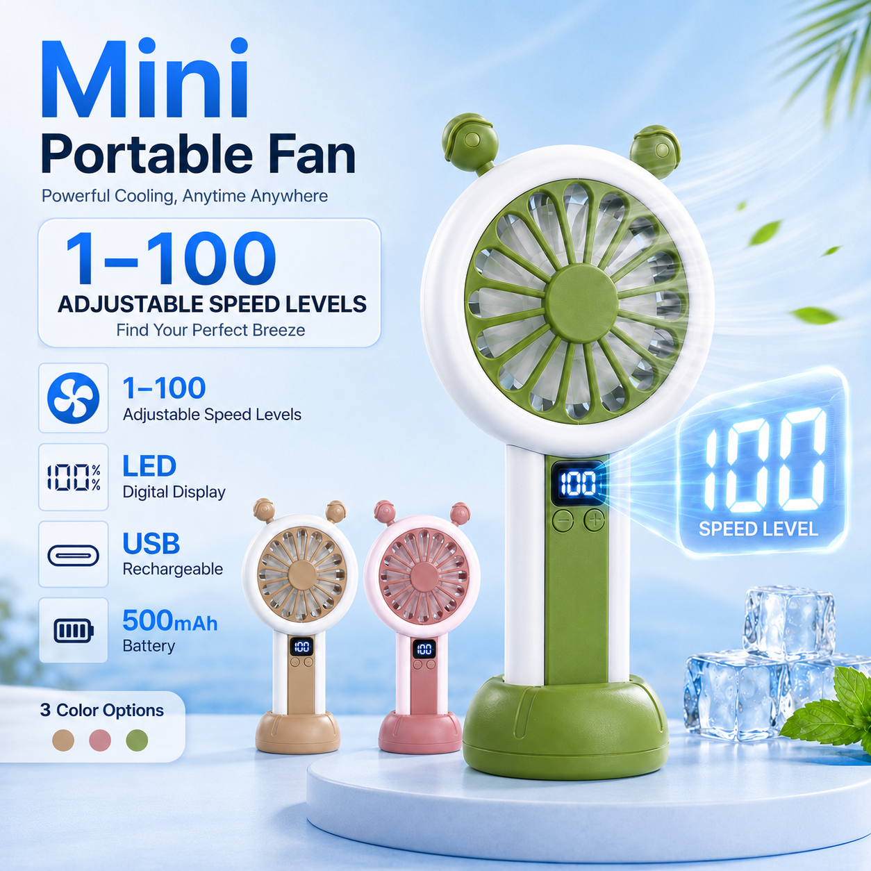 Mini Portable Rechargeable Fan with LED Display - 3 Color Options