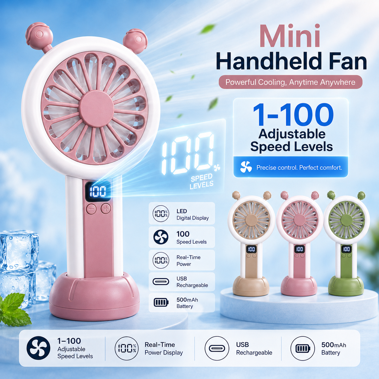 Mini Portable Rechargeable Fan with LED Display - 3 Color Options