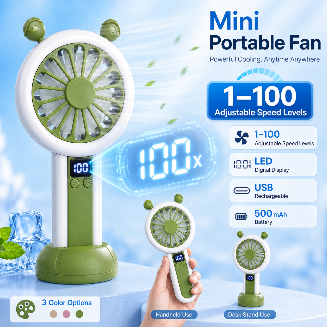 Mini Portable Rechargeable Fan with LED Display - Green