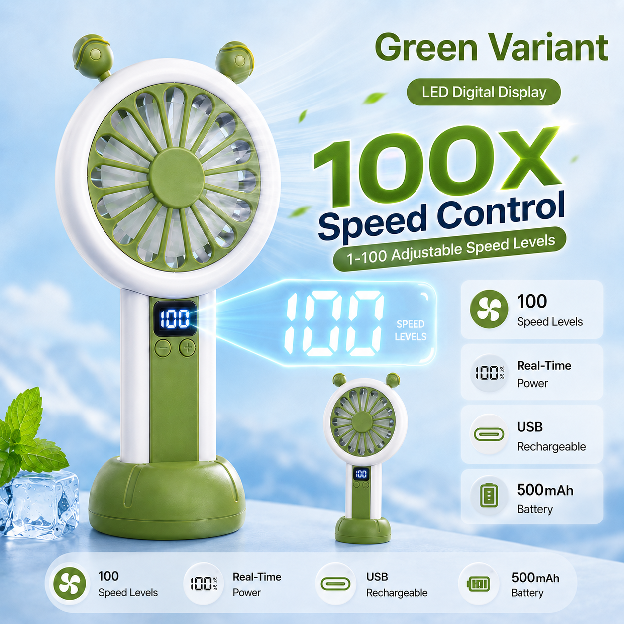 Mini Portable Rechargeable Fan with LED Display - Green