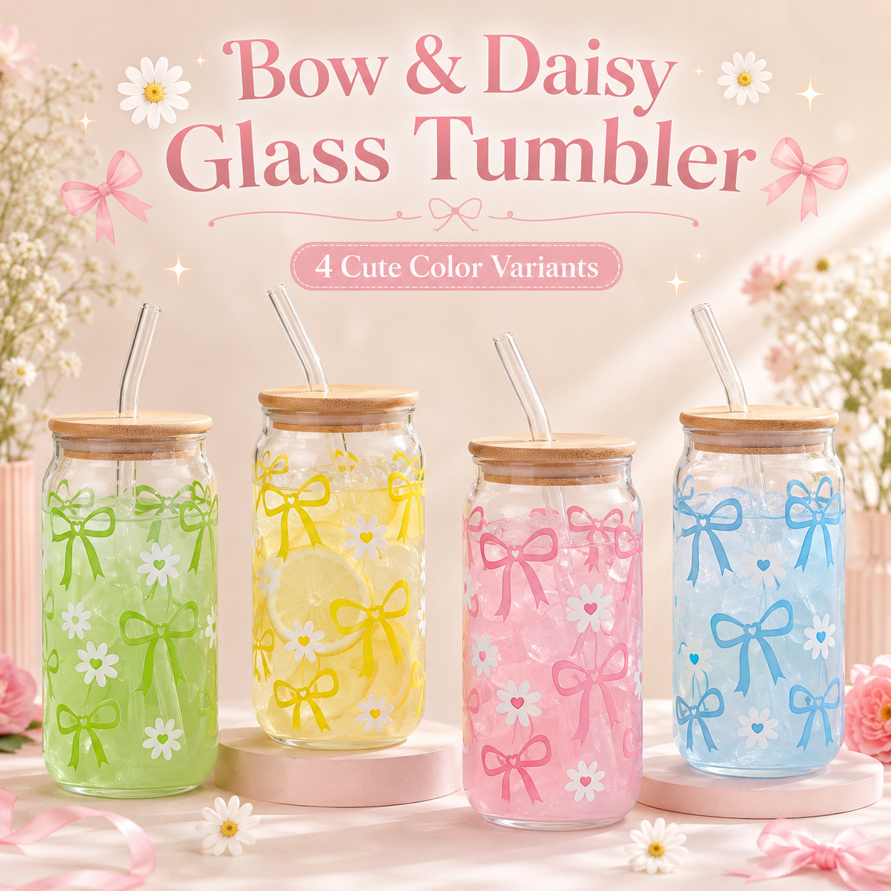 Bow & Daisy Glass Tumbler with Bamboo Lid & Straw