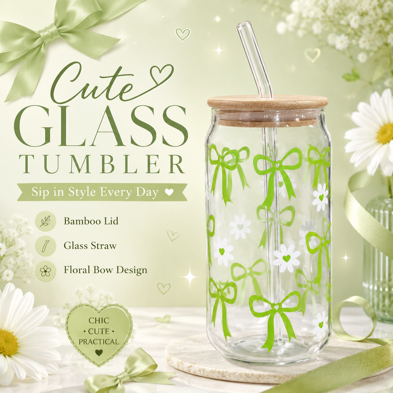 Green Bow & Daisy Glass Tumbler with Bamboo Lid & Straw