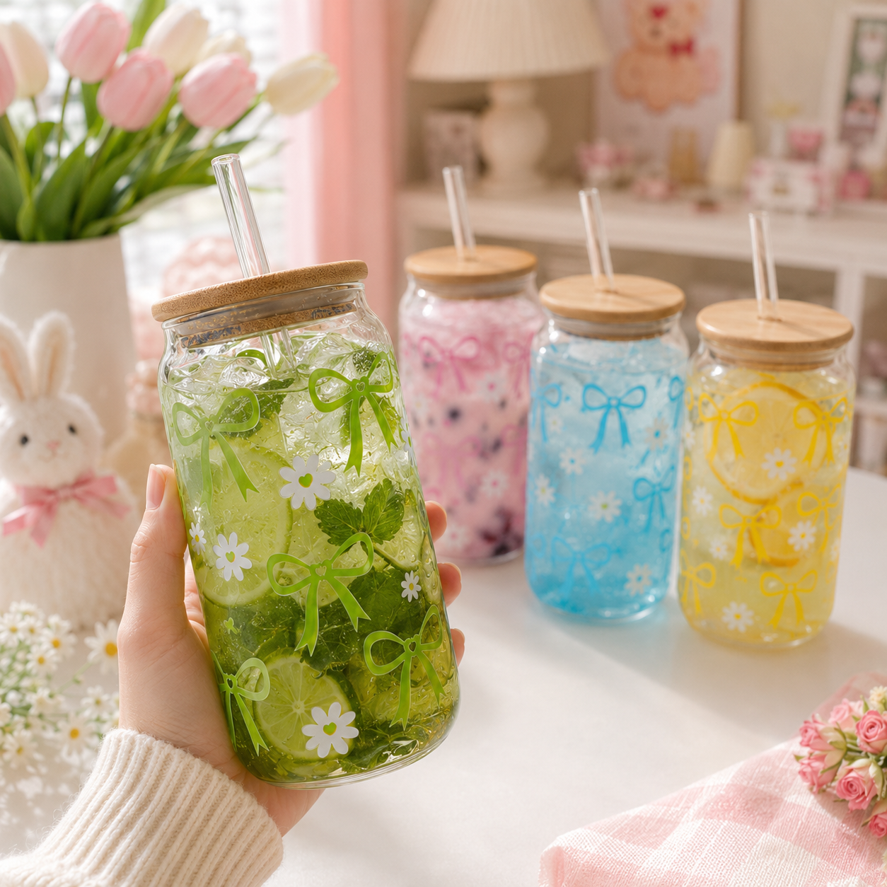 Bow & Daisy Glass Tumbler with Bamboo Lid & Straw