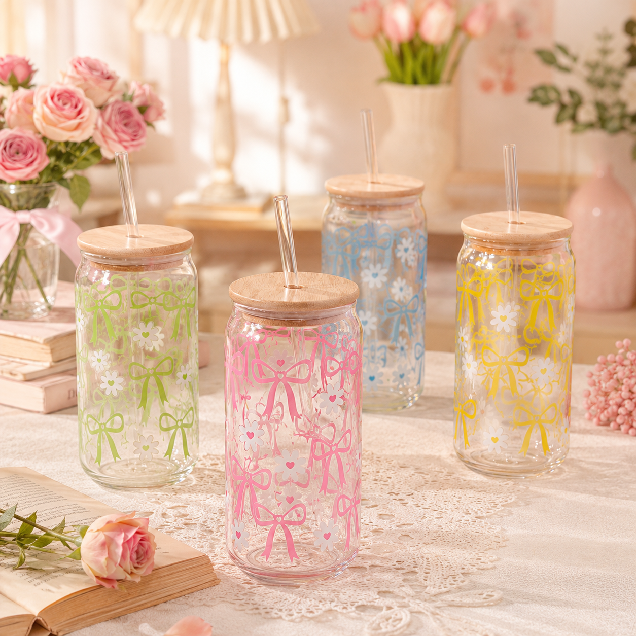 Bow & Daisy Glass Tumbler with Bamboo Lid & Straw