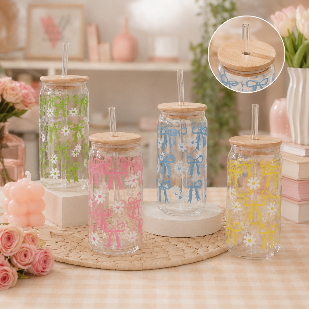 Bow & Daisy Glass Tumbler with Bamboo Lid & Straw
